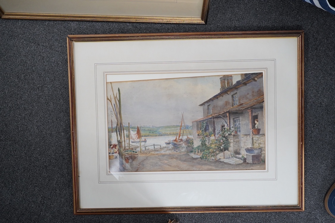 E. Martin, early 20th century, watercolour, Fishing village, 23 x 37cm. Condition - fair